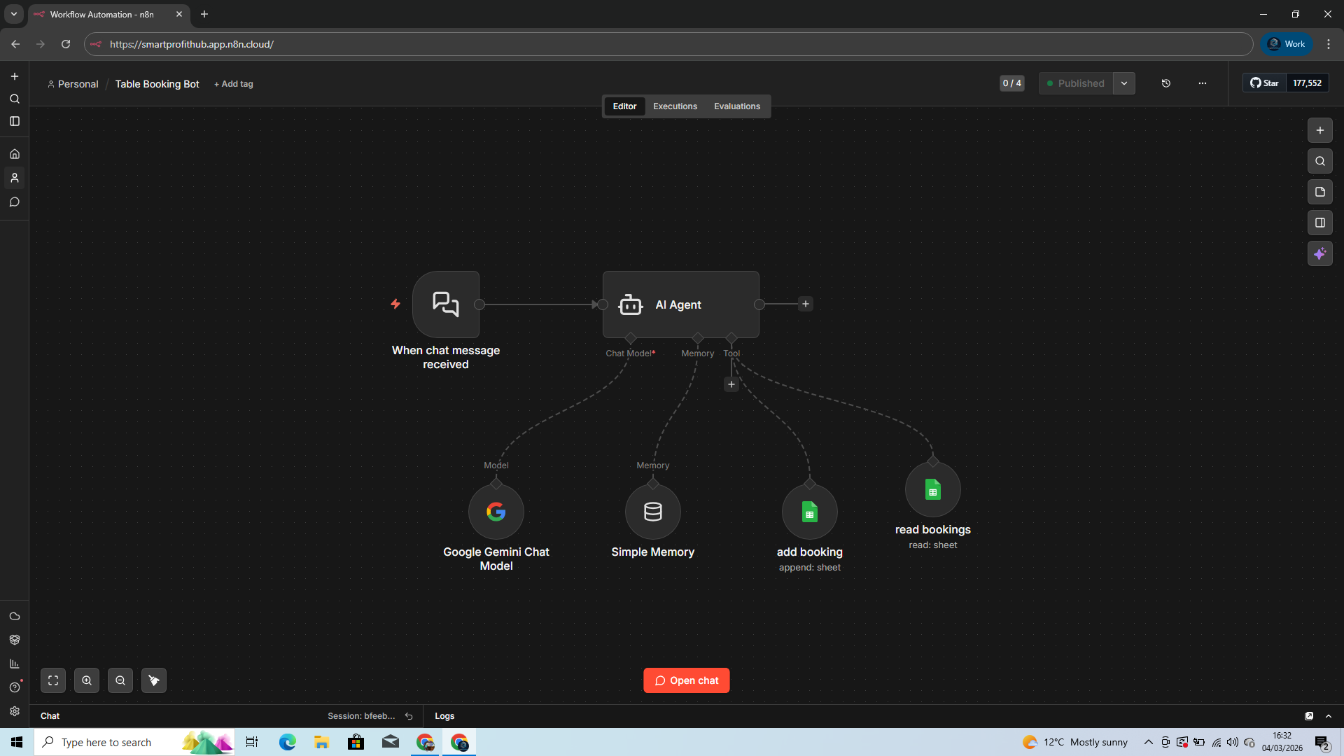 AI restaurant table booking bot workflow using Google Gemini and Google Sheets for booking records