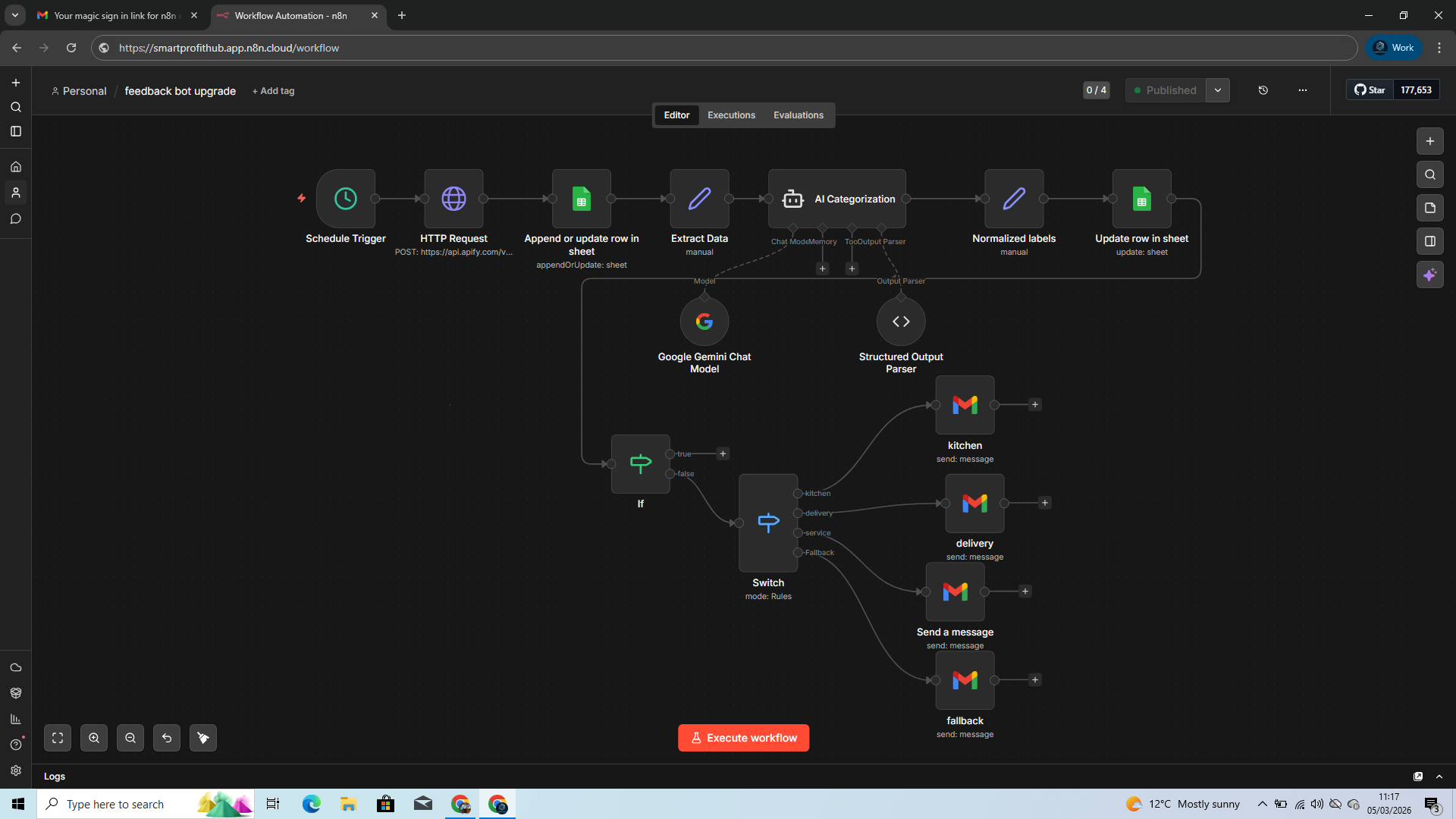 n8n workflow for AI feedback classification and routing with sheet updates and email notifications