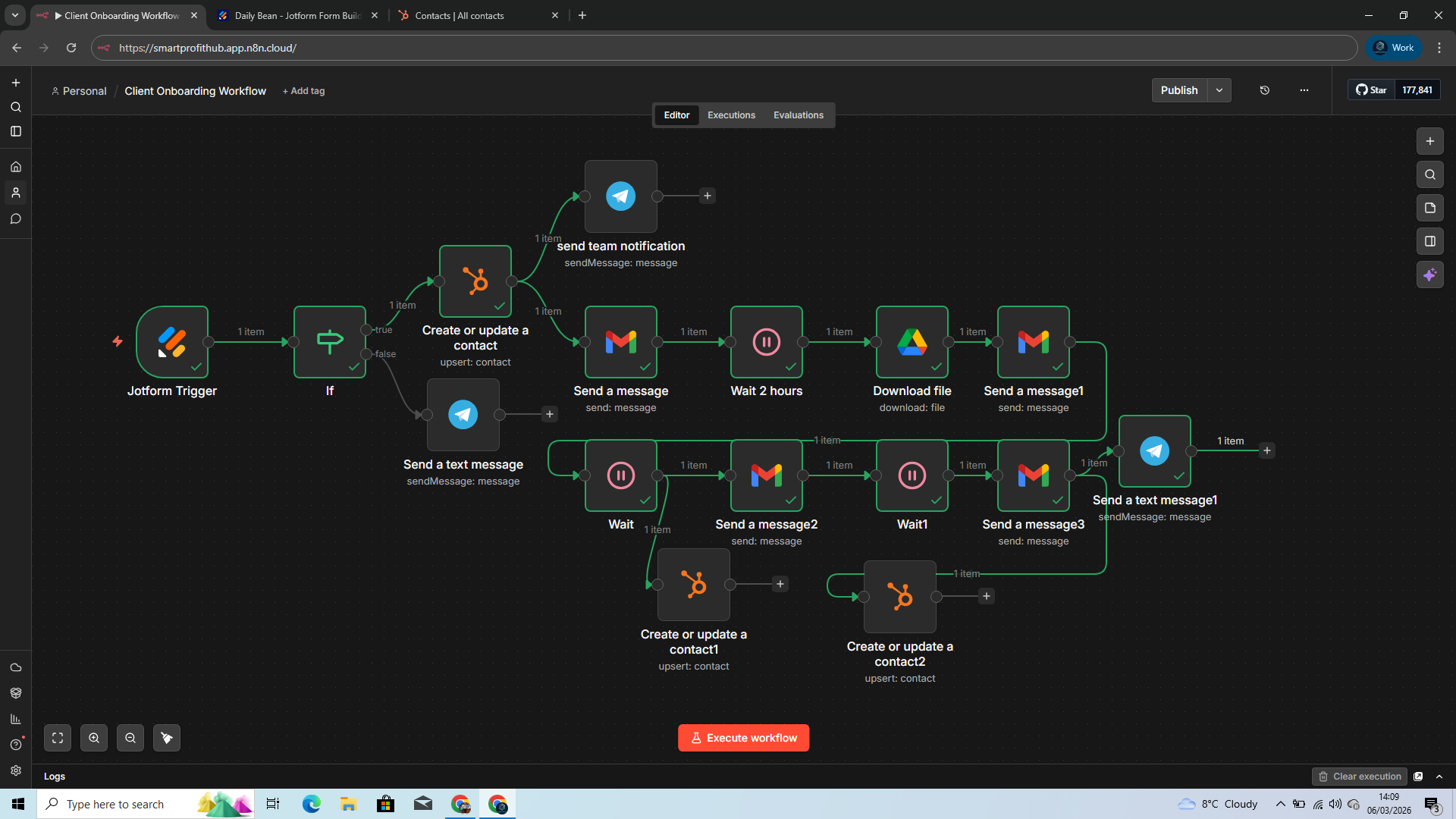 n8n client onboarding workflow showing form trigger, CRM update, notifications, and follow-up emails