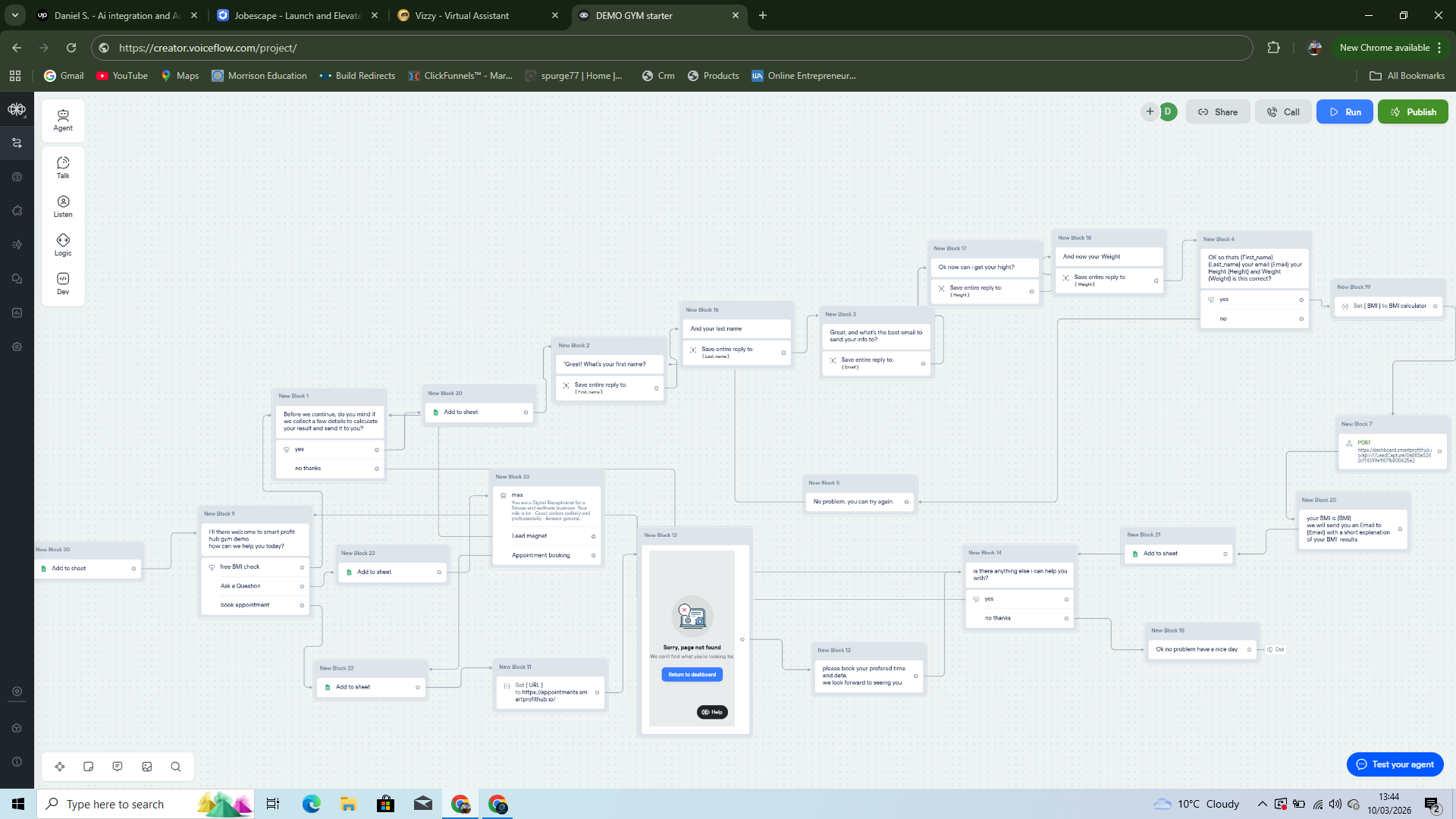 Voiceflow flow map for the Website AI Receptionist system