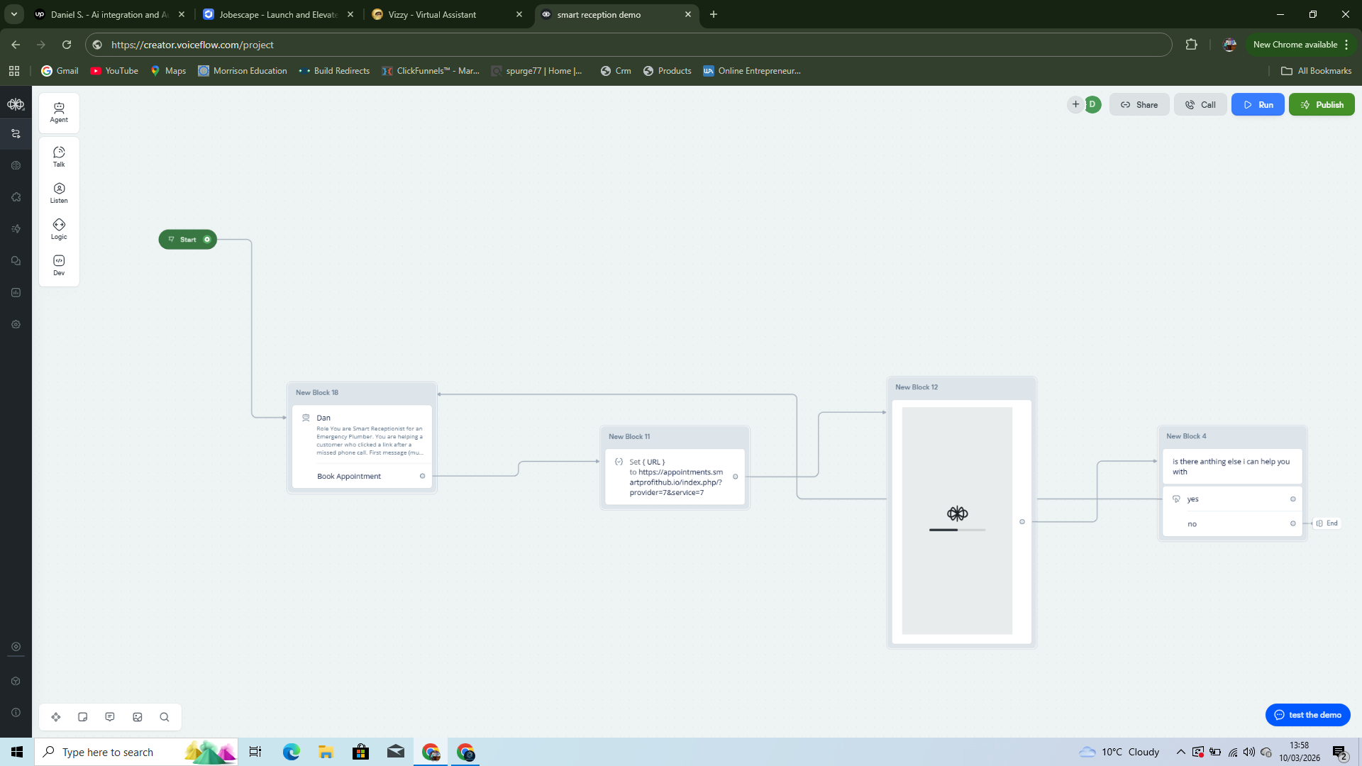 Voiceflow bot flow for the Call Saver missed-call SMS system